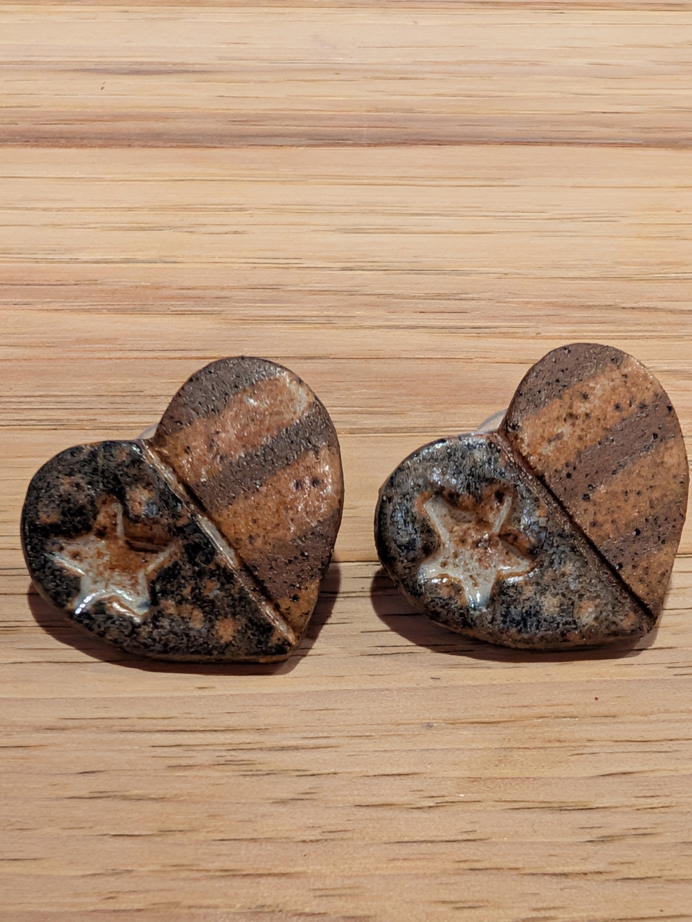 Handmade Heart Ceramic Earrings in Speckled Brown and Blue
